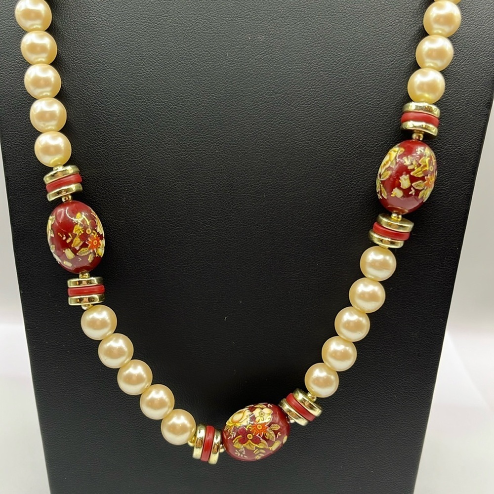 Vintage Floral Beaded Necklace Burgandy Red with Faux Pearl Beads